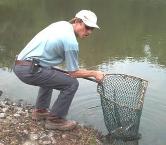 Gary releasing the catfish at the water's edge