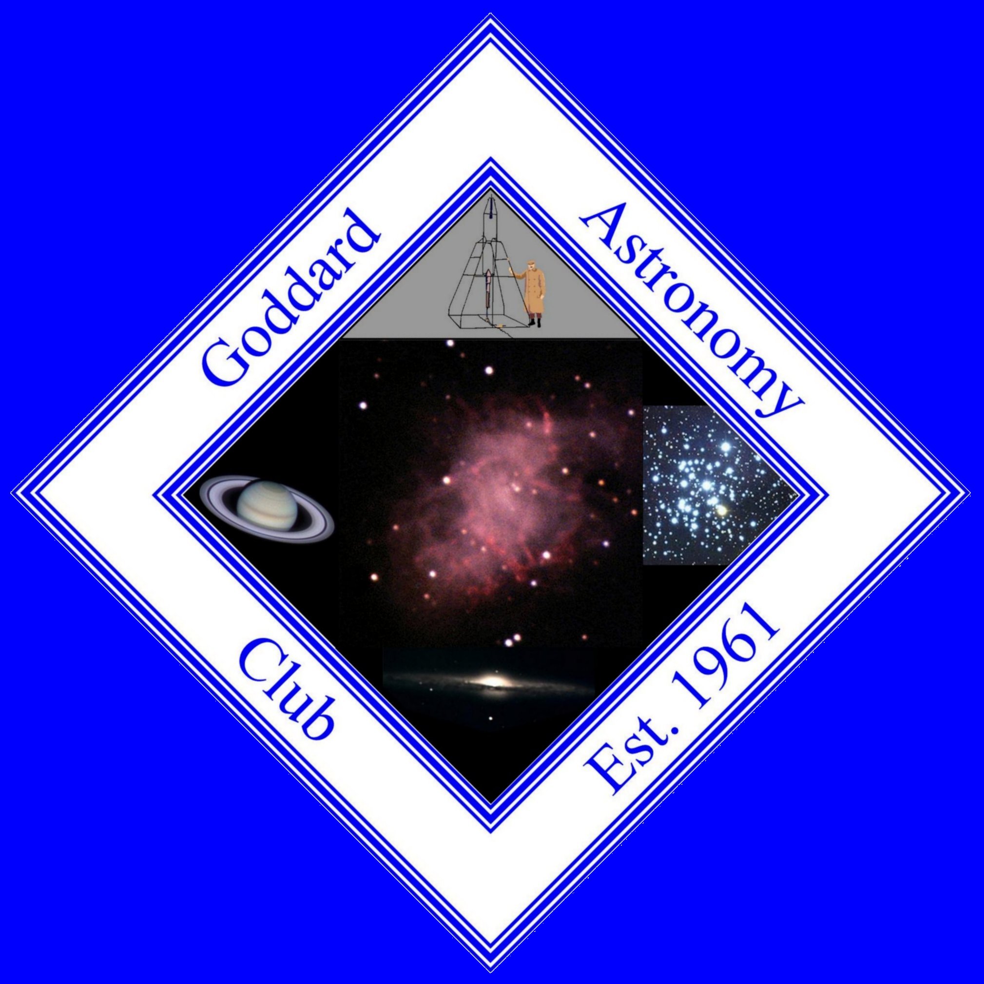 Goddard Astronomy Club logo showing the Crab nebula in the center, with a picture of Robert Goddard and his first rocket above, to the left a telescopic view of Saturn, to the right an open cluster and below, an edge on view of a spiral galaxy.