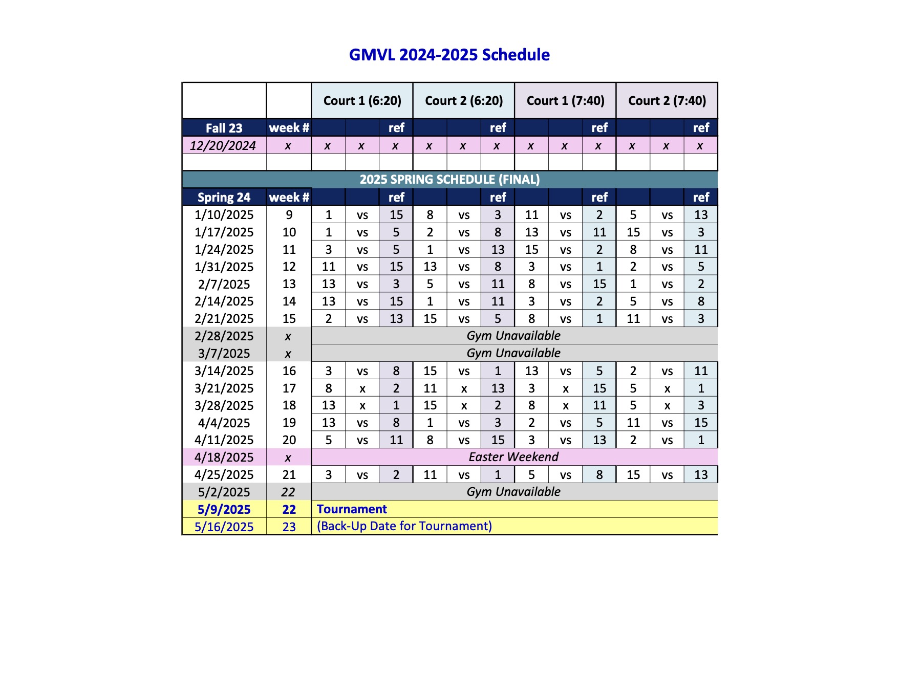 GMVL Spring 2025 Schedule